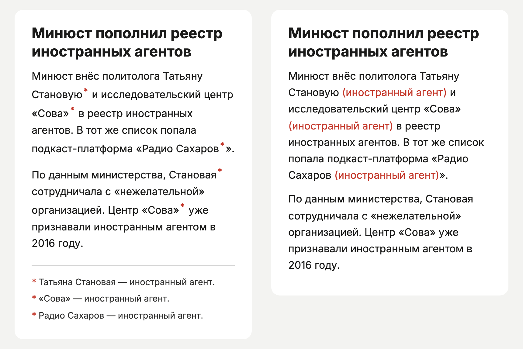 Одна статья в двух видах: слева звёздочки у имён и сноски внизу, справа «(иностранный агент)» после имён